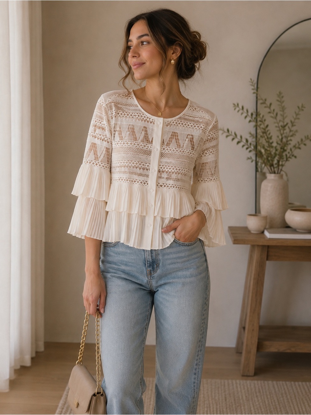 Celine Ivory White Embroidered Mesh & Pleated Ruffle Blouse